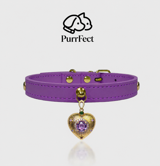 PurrFect™💜Luxury Purple Gemstone Cat/Dog Collar with Heart Pendant | Designer Jewelry Pet Collar