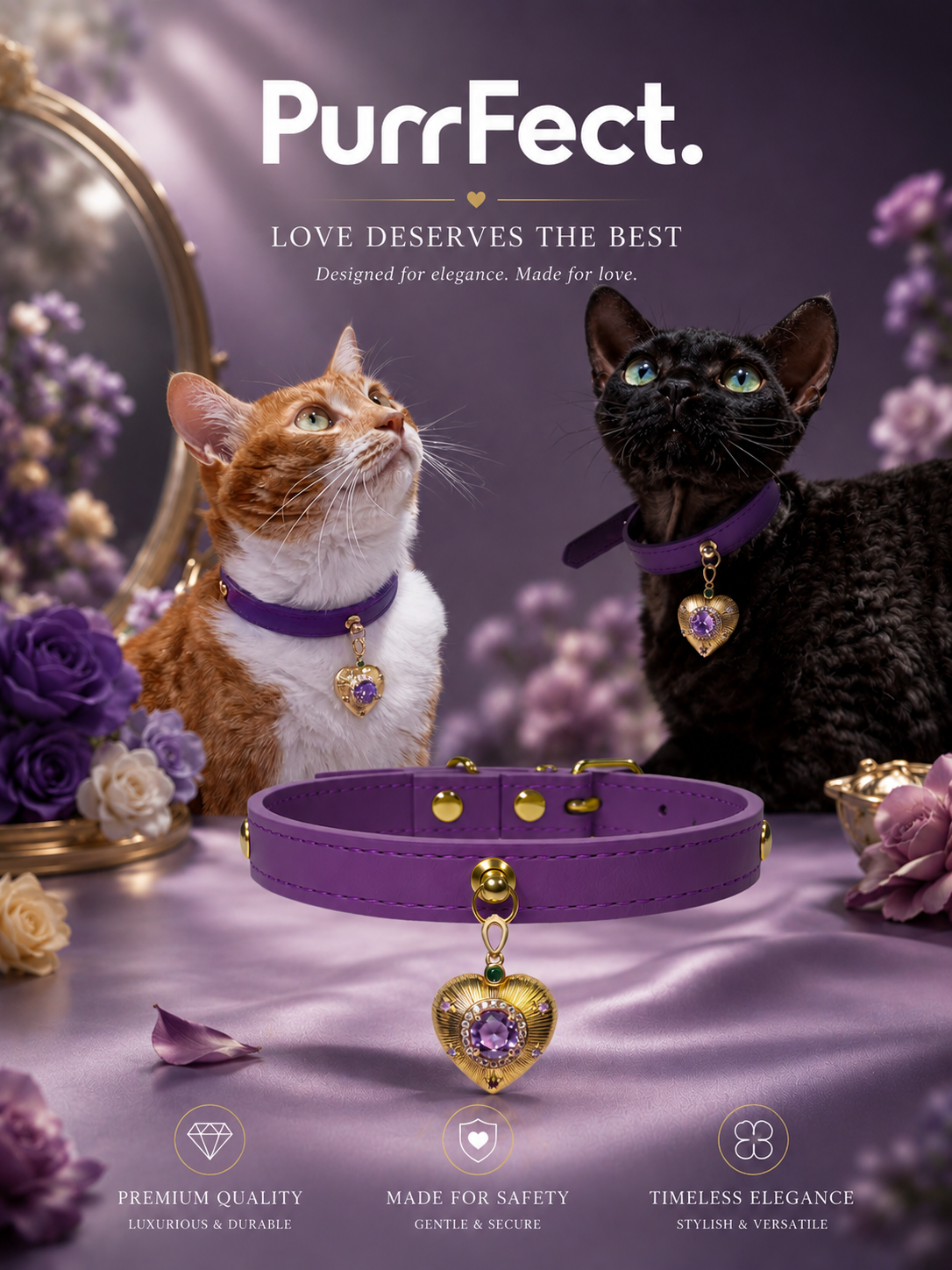 PurrFect™💜Luxury Purple Gemstone Cat/Dog Collar with Heart Pendant | Designer Jewelry Pet Collar