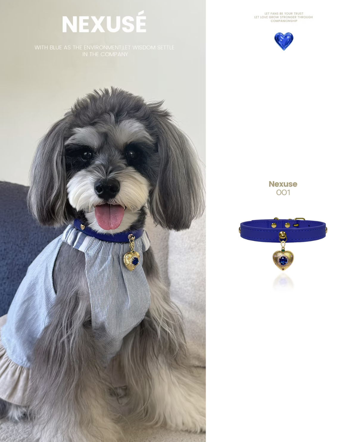 PurrFect™💙 Ocean Blue Gemstone Cat Collar with Gold Heart Charm – Luxury Designer Pet Collar for Cats