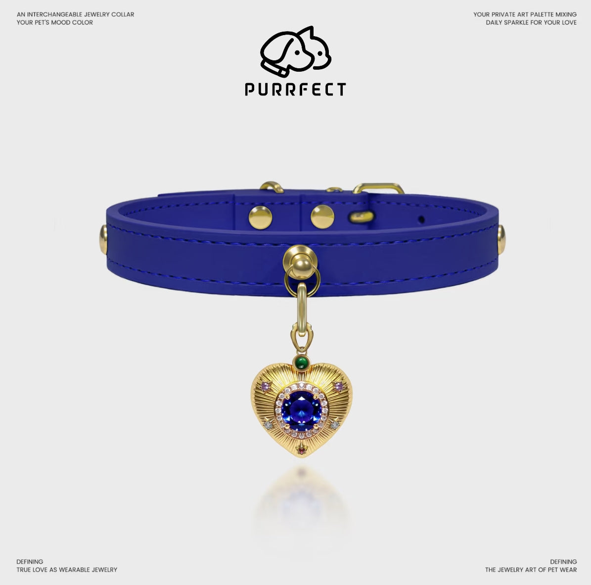 PurrFect™💙 Ocean Blue Gemstone Cat Collar with Gold Heart Charm – Luxury Designer Pet Collar for Cats